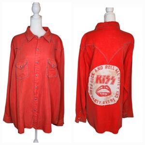 Ryan Michael Tomato Red Whipstitched Western Snap Shirt Upcycled Kiss Patch XL